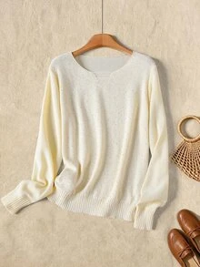 Rusticease Women's Solid Color Long Sleeve Sequin Loose Sweater - White - View 4