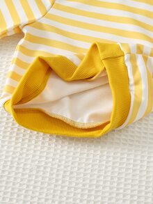Cozy Pixies Baby Boy Striped Crew Neck Sweatshirt And Cartoon Bear Embroidered Denim Overalls Casual Set - Yellow - View 10
