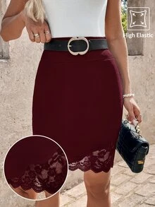 Editum 女款新款時尚高端優雅蕾絲拼接及膝裙，適合日常穿著、通勤、外出等多種場合 - 酒紅色 - 查看 3