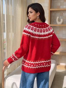 Dripcurv Plus Size Women's Wavy Striped Crew Neck Long Sleeve Casual Pullover Sweater Winter - Red - View 2