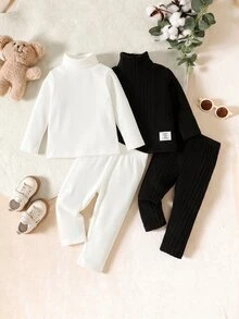 SHEIN Baby Girl Baby Boy White High Neck Ribbed Thick Elastic Pullover Top Casual Versatile Base Layer Long Pants Set Suitable For Winter - White - View 1