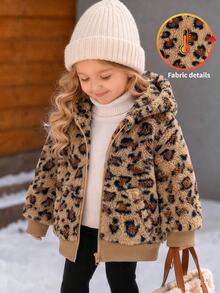 SHEIN Baby Girl Leopard Print Long Sleeve Zip-Up Fleece Hooded Jacket - Brown - View 1