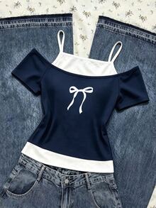 SHEIN Sparklyn 女童清新白色蝴蝶結印花 2 合 1 露肩細肩帶短袖 T-shirt 上衣 - 彩色 - 查看 3