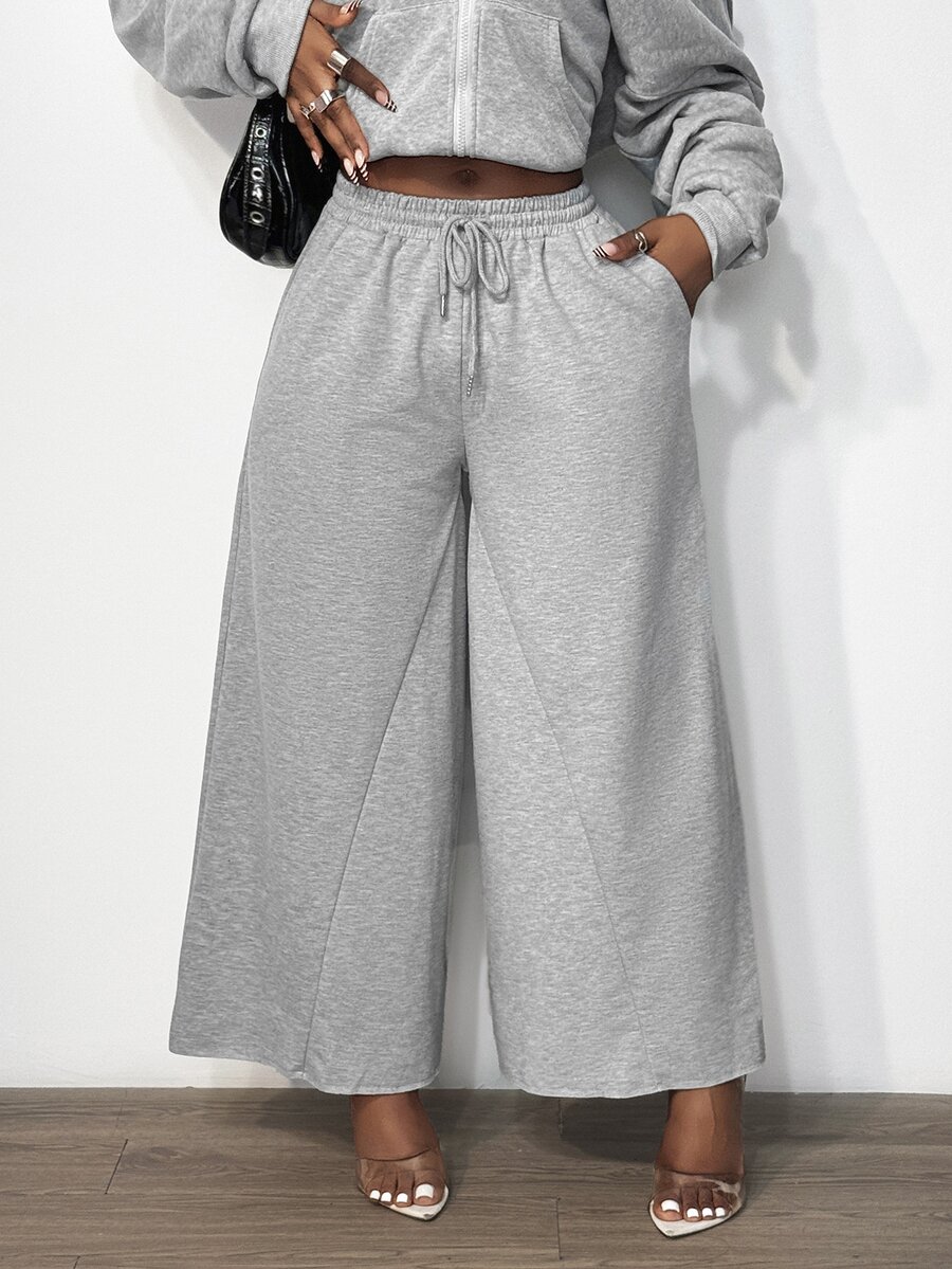 BamGleam Celana Jogger Abu-abu Model Lebar dengan Pinggang Tinggi dan Tali Serut, Longgar, Ramping, dan Jatuh, Kasual - Grey - View 1