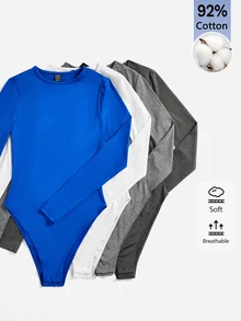 SHEIN BASICS 女款純色圓領長袖休閒連身衣T恤 - 深灰色 - 查看 7