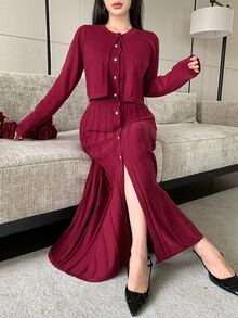 Modelyn Women's Solid Color Long Sleeve Knit Cardigan And Single-Breasted Knit Sleeveless Dress Elegant 2 Pieces Set - Burgundy - View 1