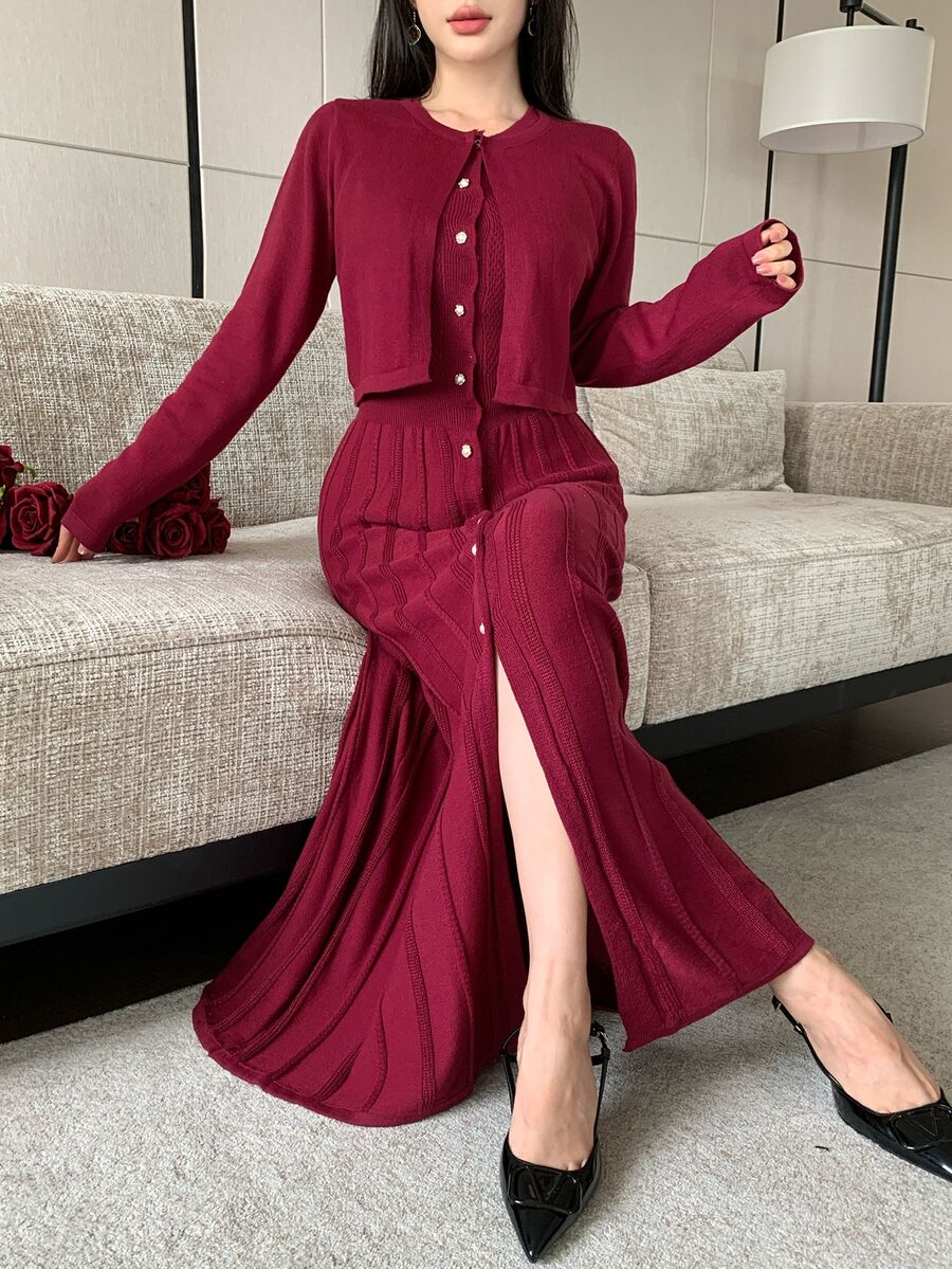 Modelyn Women's Solid Color Long Sleeve Knit Cardigan And Single-Breasted Knit Sleeveless Dress Elegant 2 Pieces Set - Burgundy - View 1