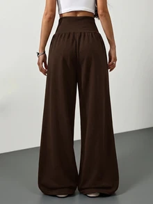 SHEIN Tall CURVE 大尺碼高腰灰色針織抓絨抽繩寬鬆運動長褲，適合冬季畢業季、返校季、畢業典禮、教師穿搭及其他場合，秋季返校季女款寬腿運動長褲，灰色寬鬆舒適長褲 - 棕色 - 查看 3