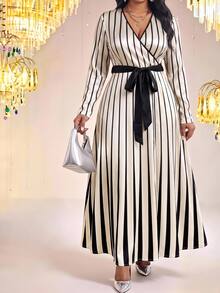 Fleurora Plus Size Women's Elegant Striped Dress With Overlap V-Neck And Waist Tie Fall - Black and White - View 1
