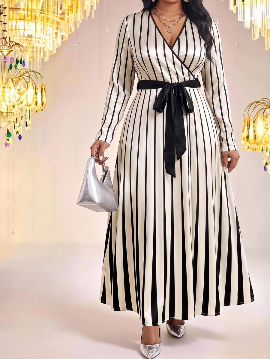 Fleurora Plus Size Women's Elegant Striped Dress With Overlap V-Neck And Waist Tie Fall - Black and White - View 1