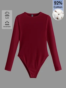 SHEIN BASICS 女款純色圓領長袖休閒連身衣T恤 - 酒紅色 - 查看 1