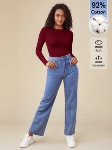 SHEIN BASICS 女款純色圓領長袖休閒連身衣T恤 - 酒紅色 - 查看 9