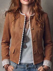 Louniche Women's Contrast Lace Metal Single-Breasted Fashion Jacket - Khaki - View 4