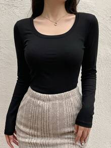 DAZY 女款純色修身百搭休閒極簡百搭T恤 日常黑色夏季 - 黑色 - 查看 7