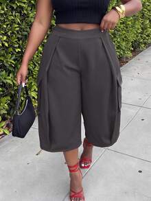 Slaydiva Plus Size Women's Pants, Burgundy Belt Cargo Pocket Wide Leg Cropped Culottes - Grey - View 6