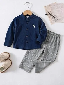SHEIN 中性嬰兒男/女嬰 2件組秋冬休閒復古風長袖上衣與長褲套裝，男嬰套裝，柔軟舒適，復古 - 藏蓝色 - 查看 4