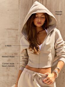 GLOWMODE Cozy Street Collection 日常保暖抓絨 Warm Glow V領全開襟連帽外套，羅紋束腰設計，休閒日常秋冬穿搭 - 卡其色 - 查看 2