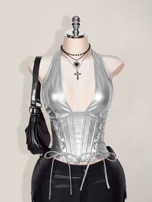 SHEIN ICON 大尺碼女款純色簡約休閒 PU 皮革掛脖式綁帶背心，鉚釘裝飾，Y2K 外出穿搭，酒紅色 V 領露肩上衣 - 銀色 - 查看 4