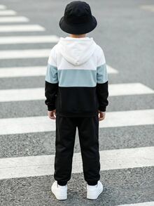 2件組兒童青少年男孩休閒拼色連帽衛衣與慢跑褲套裝，霧藍色配黑白，保暖內裡，百搭簡約，適合秋冬、學校、日常穿著、運動、生日派對、外出 - 藍色 - 查看 4