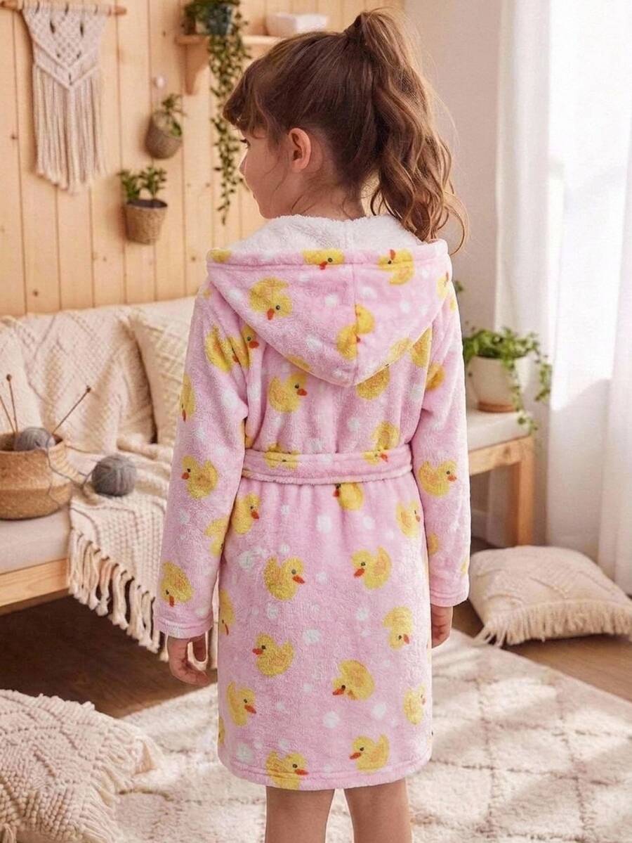 Young Girl Casual Daily Versatile Comfortable Plush Cartoon Yellow Duck Pattern Loungewear - Multicolor - View 1