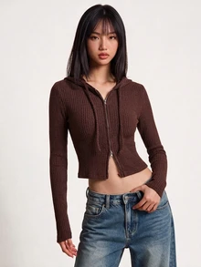 Rina Fox New Arrival Ribbed Knit Zip Up Hooded Crop Jacket, 3D Tailoring Slim Long Sleeve Outerwear - Brown - View 6