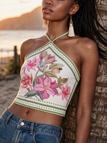 CAJUNI Vacation Floral Embroidery Halter Top - Multicolor - View 3