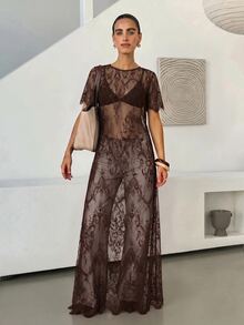 Lavishia 女款圓領短袖透視蕾絲洋裝 - 咖啡棕 - 查看 10