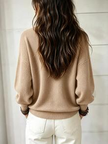 SHEIN Sweater Lengan Panjang Kasual Wanita Warna Polos Kerah V untuk Sehari-hari - Khaki - View 2