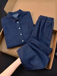 SHEIN EZwear 女款長袖單排扣襯衫與長褲休閒牛仔套裝 - 深色水洗藍 - 查看 6