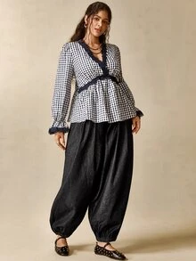 Nubod Plus Size Women's Contrast Lace Plaid V-Neck Elegant Blouse - Navy Blue - View 5