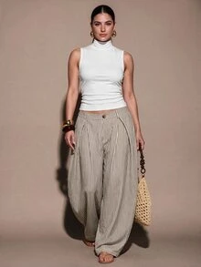 SHEIN BAE CURVE Plus Size Women's Casual Boho Vacation Black And White Checkered Textured Striped Loose Patchwork Long Pants Suitable For Outings Daily , Halloween, - Khaki - View 5