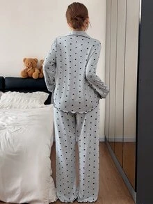 Napfluff Heart Print Casual Comfortable Long Sleeve Long Pants Pajama Set - Grey - View 2