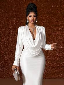 Maweii Plus Size Women Solid Color Deep Neck Ruched Fitted Elegant Dress - White - View 7