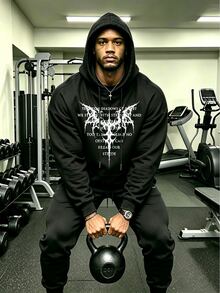 GymBeat Men's Letter Print Long Sleeve Hooded Sweatshirt - Black - View 7