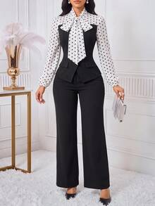 SHEIN Lady Women's Elegant 2 Pieces Set With Patchwork Polka Dot Pattern Tie Neck Blouse And Flare Pants - Black and White - View 7