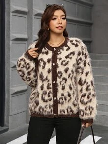 SHEIN Clasi Plus Size Leopard Print Contrast Color Drop Shoulder Long Sleeve Knit Cardigan, Autumn/Winter Chic Unique - Brown - View 5