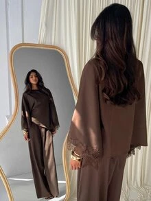 Aloruh Women's Solid Color Contrast Lace Cuff Asymmetric Hem Blouse And Pants Elegant 2 Pieces Set - Mocha Brown - View 4