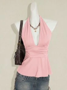 SHEIN ICON 萬聖節女款掛脖露背黑色娃娃裝背心 - 粉色 - 查看 3