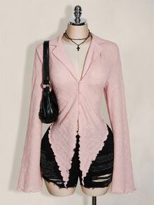 SHEIN ICON ICON PLUS 生菜邊飾不對稱下擺透視上衣 無內衣設計 大尺碼女式襯衫-1891,Y2k秋季 - 粉色 - 查看 7