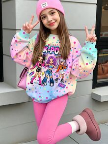 Tween Girl 可愛卡通女團印花圓領長袖運動衫與內搭褲 2 件套 S - 白色 - 查看 1