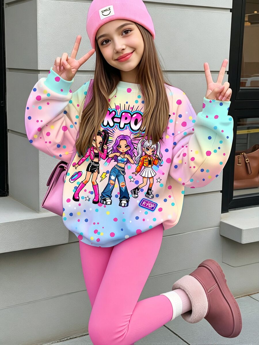 Tween Girl 可愛卡通女團印花圓領長袖運動衫與內搭褲 2 件套 S - 白色 - 查看 1