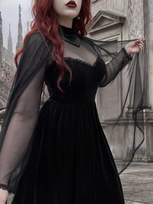 Whyspr European Women's Plus Size Black Mesh Shawl Strapless A-Line Velvet Long Slimming Party Evening Dress Halloween - Black - View 8