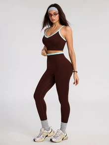 SHEIN Dewbera Women's Seamless Coffee Color Sports Set Tank Top & Shorts - Coffee Brown - View 4