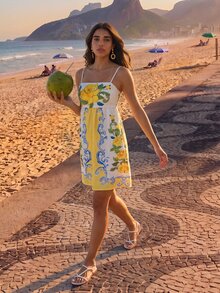 CAJUNI Women's Yellow Floral Print Casual Spaghetti Strap Vacation Dress,Vacation Outfits For Women - Yellow - View 4