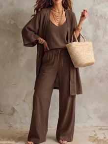 Solivie Autumn 3-Piece Solid Color Open Front Cardigan, Camisole And Pants Linen Set, Casual Daily Wear, Suitable For Vacation And Home Loungewear, Coffee Brown - Coffee Brown - View 1