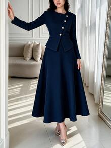 Modelyn Women Navy Two Pieces Dress Set Gold Button Asymmetric Peplum Cropped Top & High Waist A Line Flared Skirt Quiet Luxury Fall Office Wedding Guest - Blue - View 8