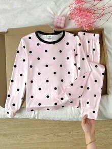 SHEIN Tween Girls Tween Girl Polka Dot Print Simple Trim Fitted Loungewear - Multicolor - View 2