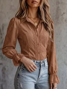LUMIGAL Women's Autumn/Winter Long Sleeve Patchwork Lace Elegant Fashion Blouse - Brown - View 6