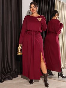 Firerie Purple-Red Autumn/Winter Waist-Cinching Flared High-Slit Long Sleeve Elegant Dress/Shoulder Metal Buckle Fall/Winter Elegant Wedding Guest Dress Women - Red Violet - View 6