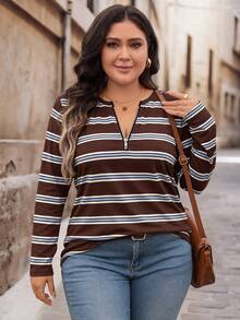 EMERY ROSE Vintage Striped Plus Size Half-Zip Crew Neck Loose Long Sleeve T-Shirt, Suitable For Spring/Autumn Teacher's Day Outfit - Multicolor - View 3